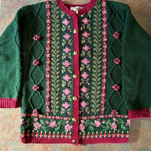 Vintage Woodstock International Forest Green Handknit Wool Floral Cardigan Sweat - Picture 1 of 8